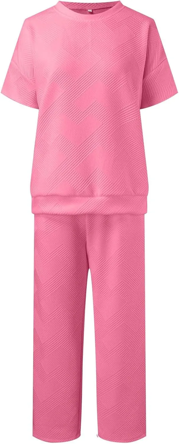 Women Matching Lounge Set Summer Wide Leg Plus Size Short Sleeve Lounge Pants Set Chic Elegant Holiday Loungewear Set
