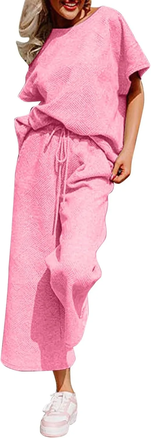 Women Matching Lounge Set Summer Wide Leg Plus Size Short Sleeve Lounge Pants Set Chic Elegant Holiday Loungewear Set
