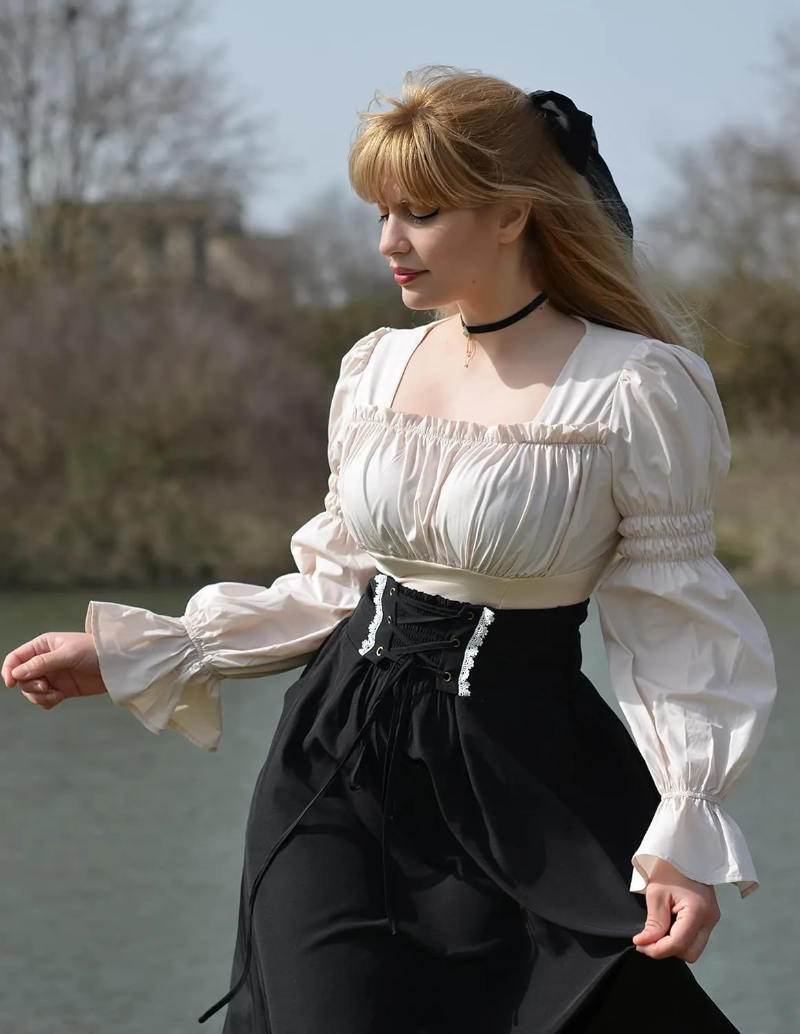 Women Peasant Blouse Long Puff Sleeve Ruffle Ruched Pirate Renaissance Corset Tops