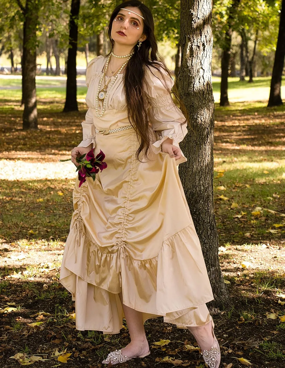 Women Peasant Blouse Long Puff Sleeve Ruffle Ruched Pirate Renaissance Corset Tops