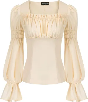 Women Peasant Blouse Long Puff Sleeve Ruffle Ruched Pirate Renaissance Corset Tops