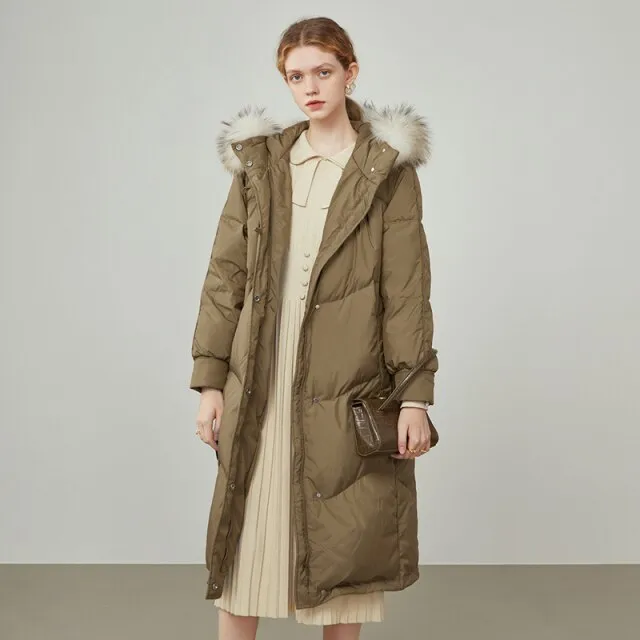 Women Raccoon Fur Collar Black Long Down Jacket Three-proof Fabric Thick Warm Jacket Removable Fur Collar Design Coat
