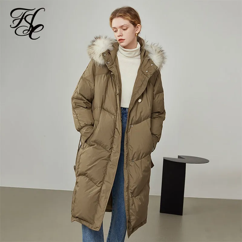 Women Raccoon Fur Collar Black Long Down Jacket Three-proof Fabric Thick Warm Jacket Removable Fur Collar Design Coat