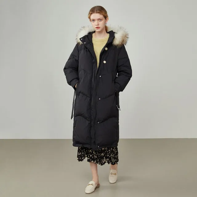 Women Raccoon Fur Collar Black Long Down Jacket Three-proof Fabric Thick Warm Jacket Removable Fur Collar Design Coat