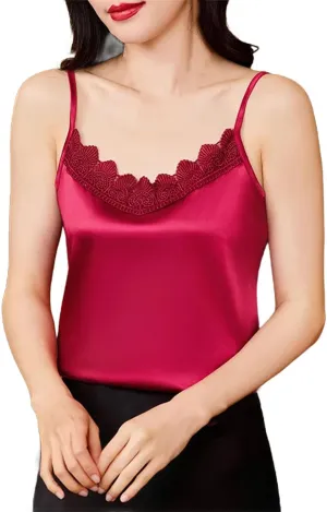 Women Sexy Silk Satin Tank Tops Camisole Spring V-Neck Patchwork Vest Shirt