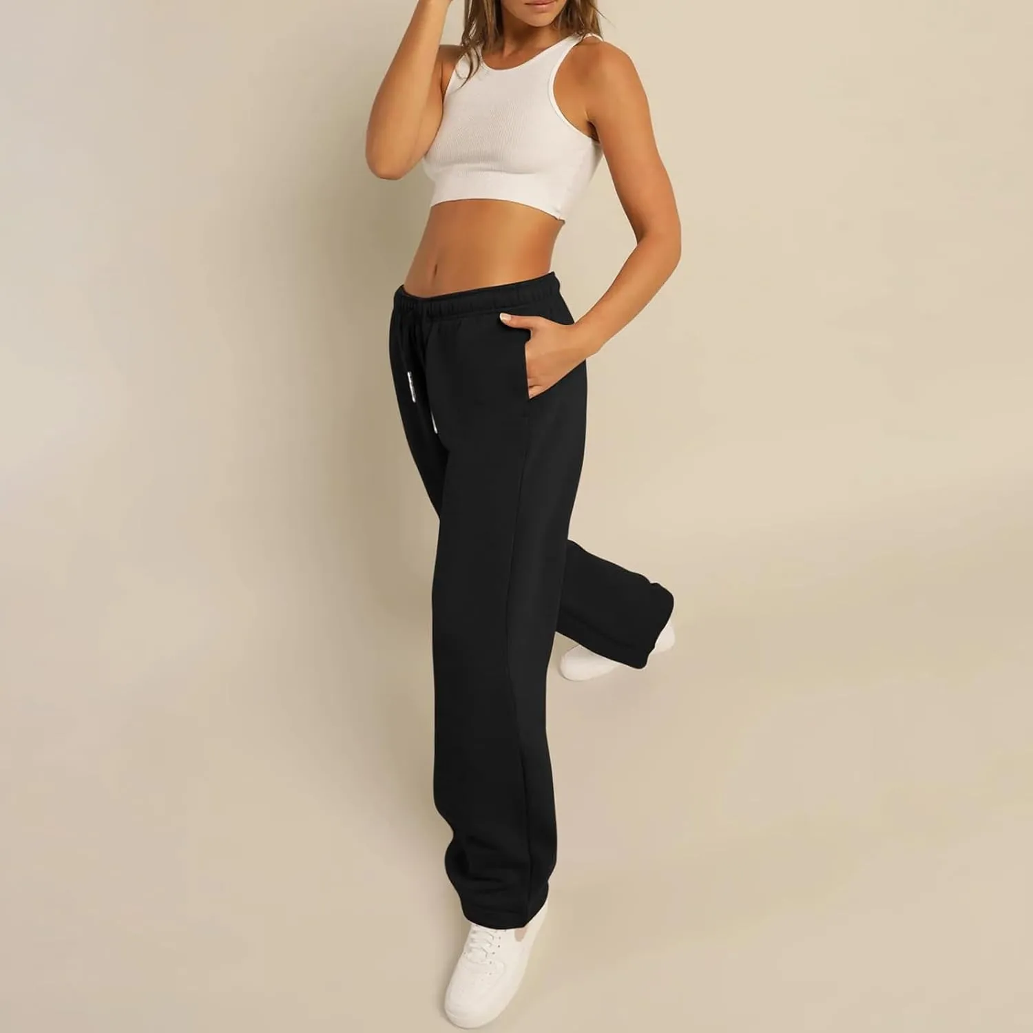 Women Straight Wide Leg Sweatpants Casual Baggy Lined Pants Drawstring High Waist Cargo Jogger Trousers