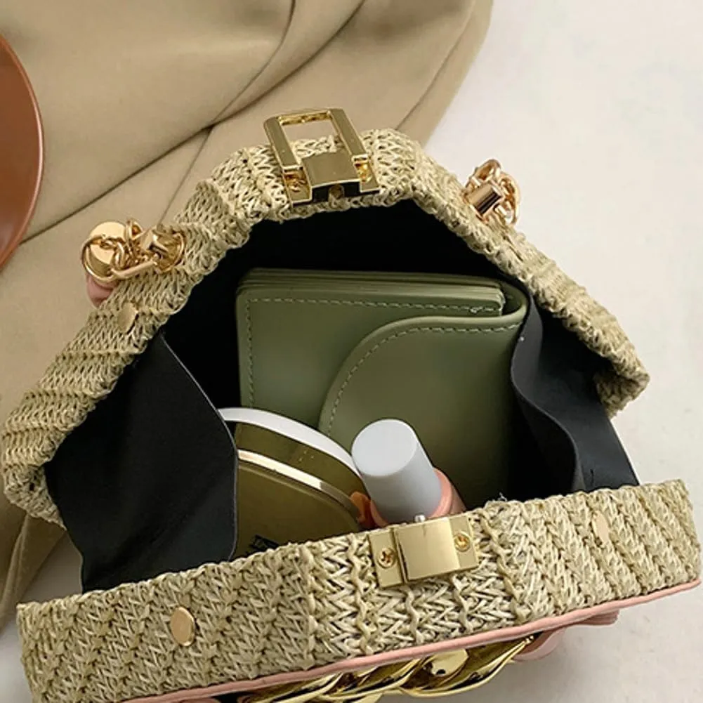 Women Straw Purse Clutch Shoulder Bag Woven Diamond Bag Hobo Crossbody Bag Chic Tote Bag Small Beach Handbag with Chain Strap