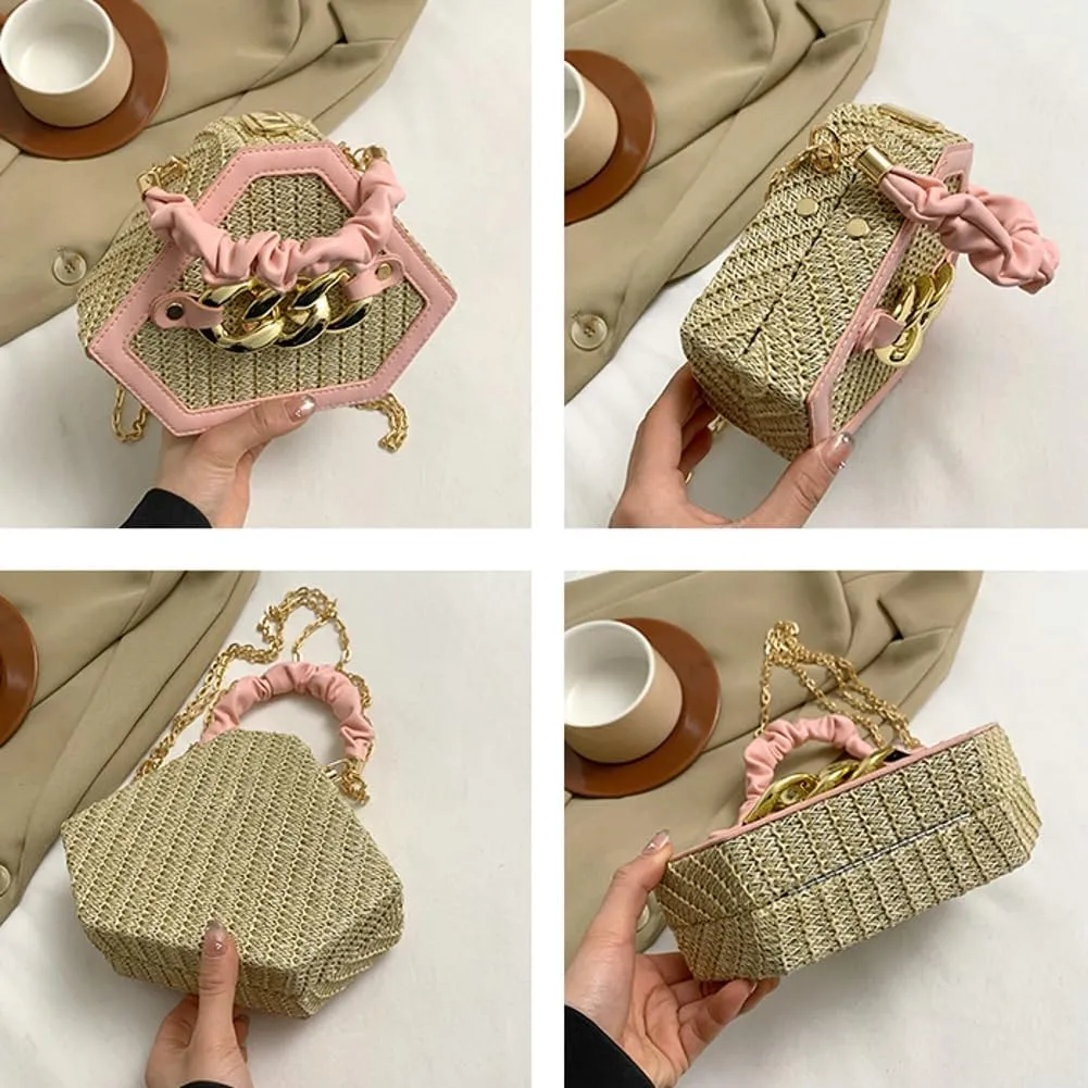 Women Straw Purse Clutch Shoulder Bag Woven Diamond Bag Hobo Crossbody Bag Chic Tote Bag Small Beach Handbag with Chain Strap