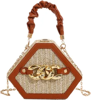 Women Straw Purse Clutch Shoulder Bag Woven Diamond Bag Hobo Crossbody Bag Chic Tote Bag Small Beach Handbag with Chain Strap