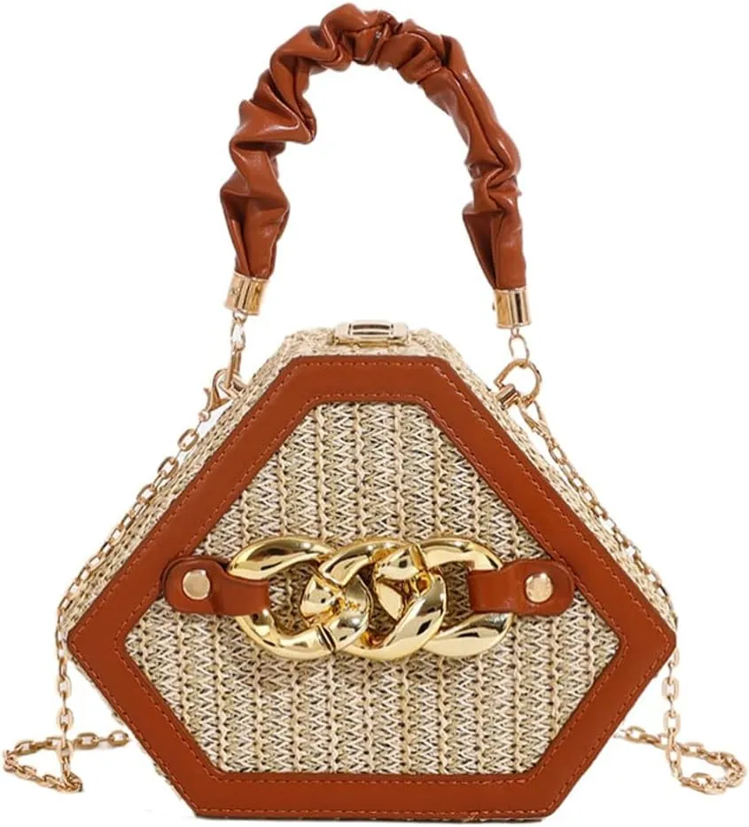 Women Straw Purse Clutch Shoulder Bag Woven Diamond Bag Hobo Crossbody Bag Chic Tote Bag Small Beach Handbag with Chain Strap