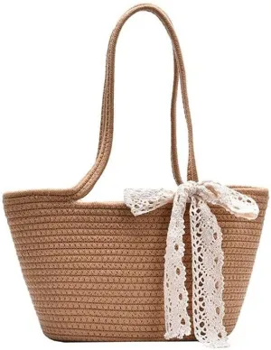 Women Straw Woven Chic Tote Medium Beach Bag Daisy Hobo Basket Handbag Cute Rainbow Ribbon Summer Handwoven Shoulder Bag (CKhaki)