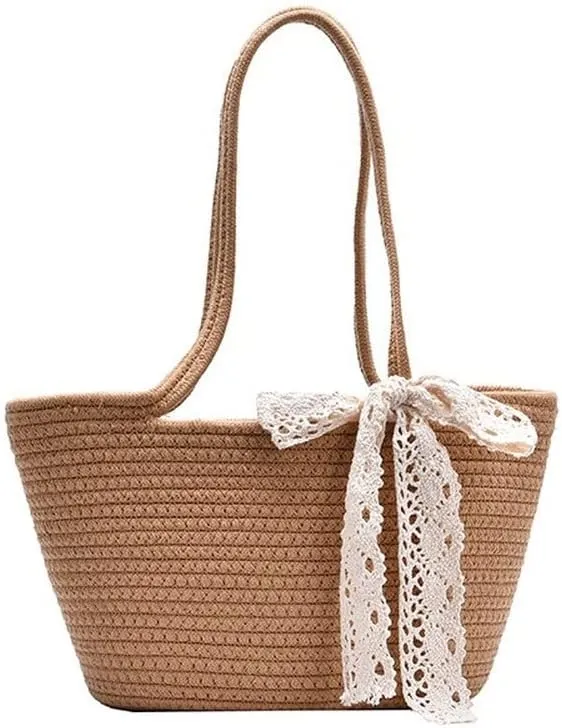 Women Straw Woven Chic Tote Medium Beach Bag Daisy Hobo Basket Handbag Cute Rainbow Ribbon Summer Handwoven Shoulder Bag (CKhaki)