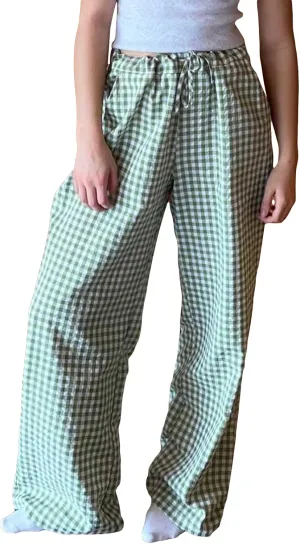 Women Y2K Plaid Pants High Waist Drawstring Wide Leg Lounge Pants Pajama Bottoms Going Out Gingham Pants Trousers