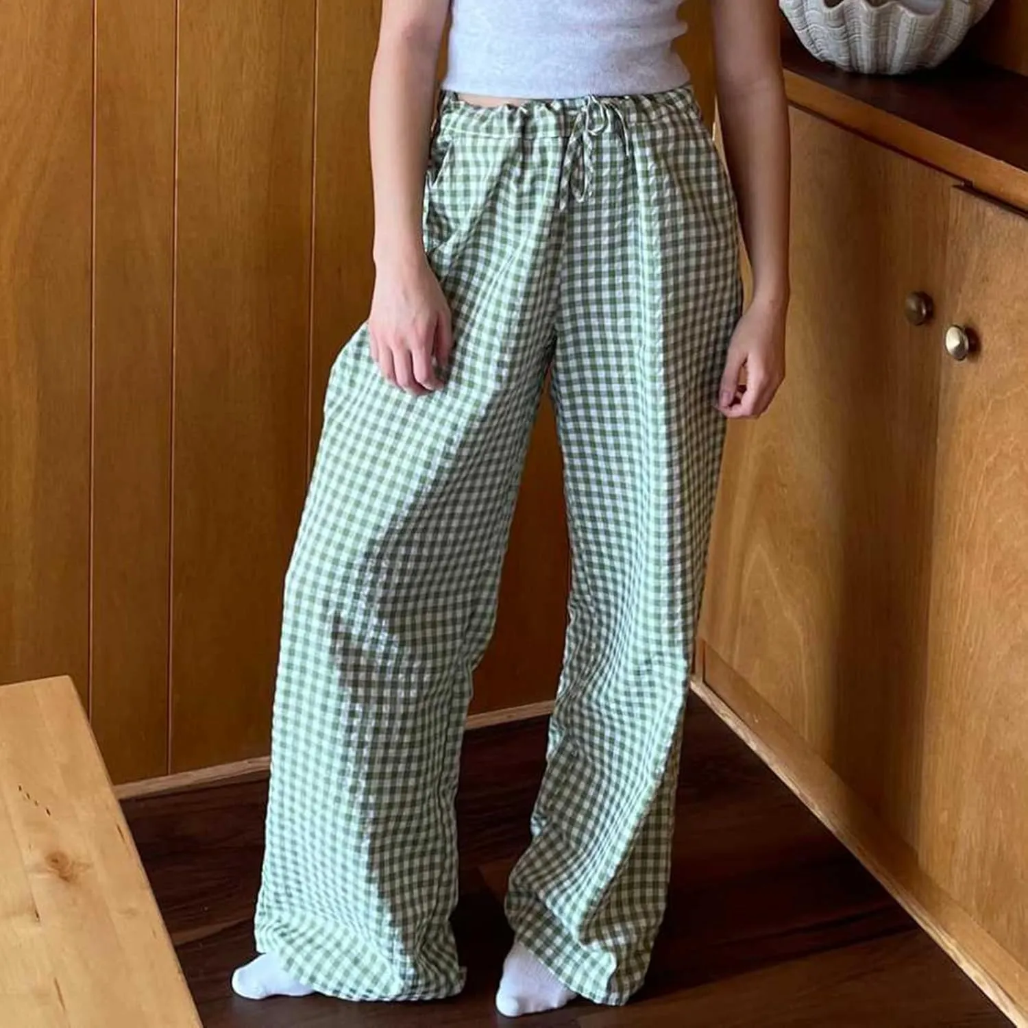 Women Y2K Plaid Pants High Waist Drawstring Wide Leg Lounge Pants Pajama Bottoms Going Out Gingham Pants Trousers