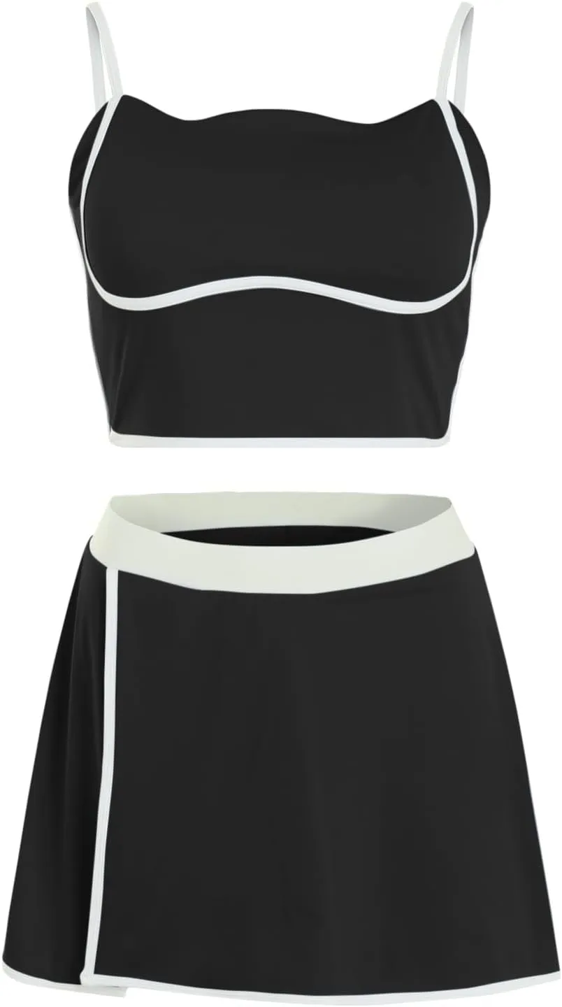 Womens 2 Piece Yoga Set Camisole Tank Tops with Adjustable Spaghetti Strap Side Slit Skirt Shorts Going Out (Black, S)