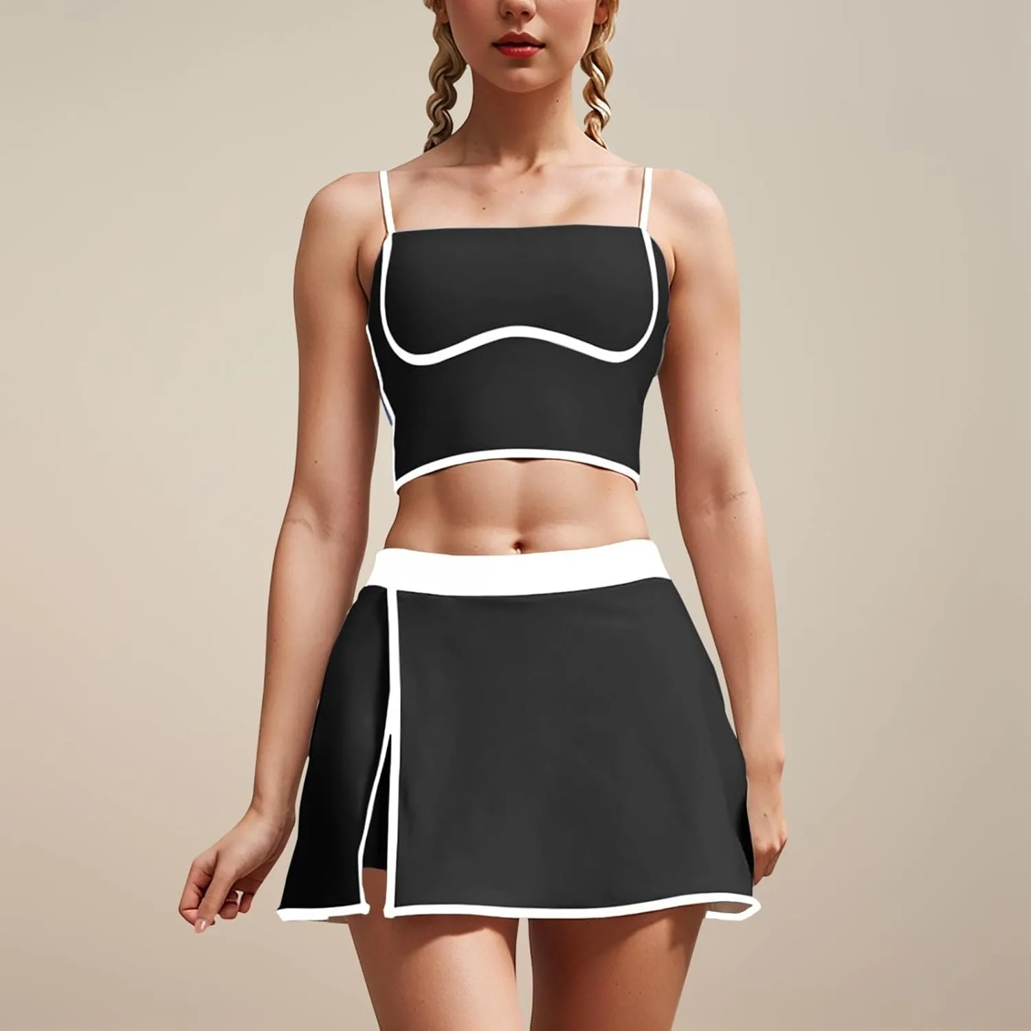 Womens 2 Piece Yoga Set Camisole Tank Tops with Adjustable Spaghetti Strap Side Slit Skirt Shorts Going Out (Black, S)