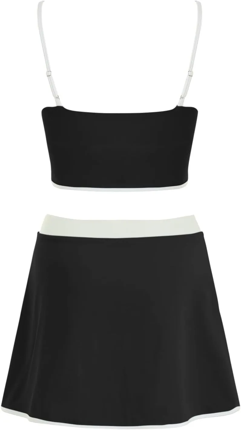 Womens 2 Piece Yoga Set Camisole Tank Tops with Adjustable Spaghetti Strap Side Slit Skirt Shorts Going Out (Black, S)
