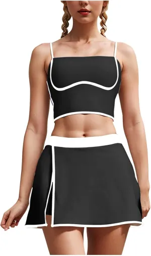 Womens 2 Piece Yoga Set Camisole Tank Tops with Adjustable Spaghetti Strap Side Slit Skirt Shorts Going Out (Black, S)
