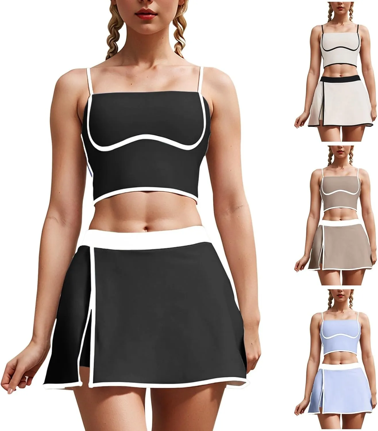 Womens 2 Piece Yoga Set Camisole Tank Tops with Adjustable Spaghetti Strap Side Slit Skirt Shorts Going Out (Black, S)