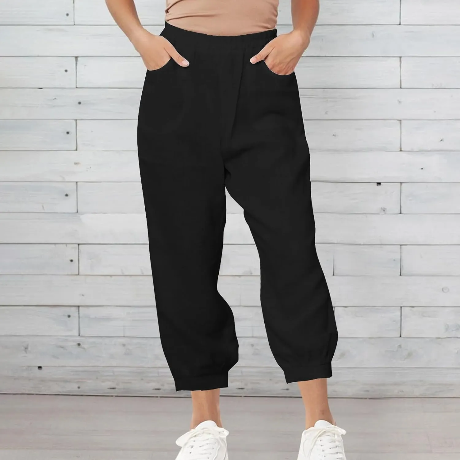 Womens Casual Cotton Linen Pants Lightweight Summer Relax Fit Elastic Waist Solid Color Lounge Trousers with Pockets