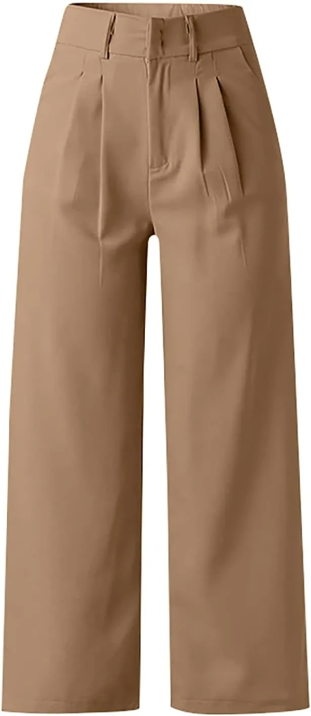 Womens Casual High Waist Straight Wide Leg Dress Pants Plus Size Stretchy Button Business Work Trousers with Pocket