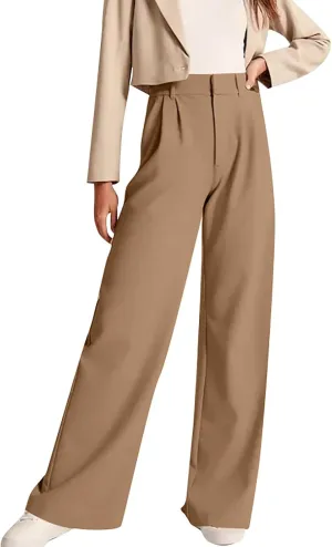 Womens Casual High Waist Straight Wide Leg Dress Pants Plus Size Stretchy Button Business Work Trousers with Pocket
