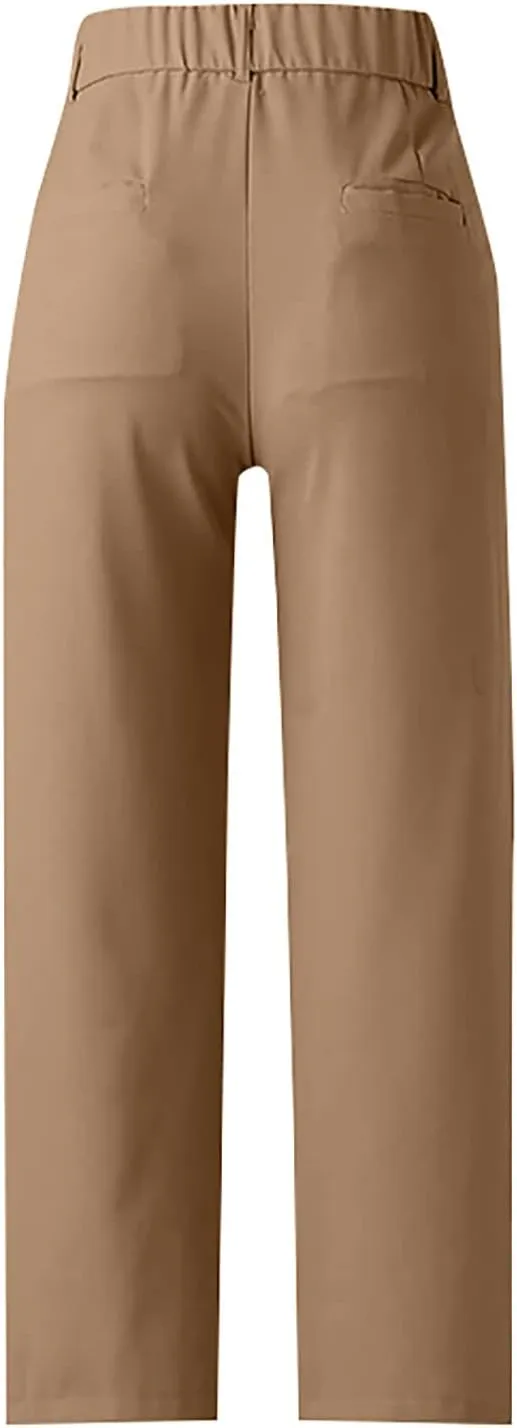 Womens Casual High Waist Straight Wide Leg Dress Pants Plus Size Stretchy Button Business Work Trousers with Pocket