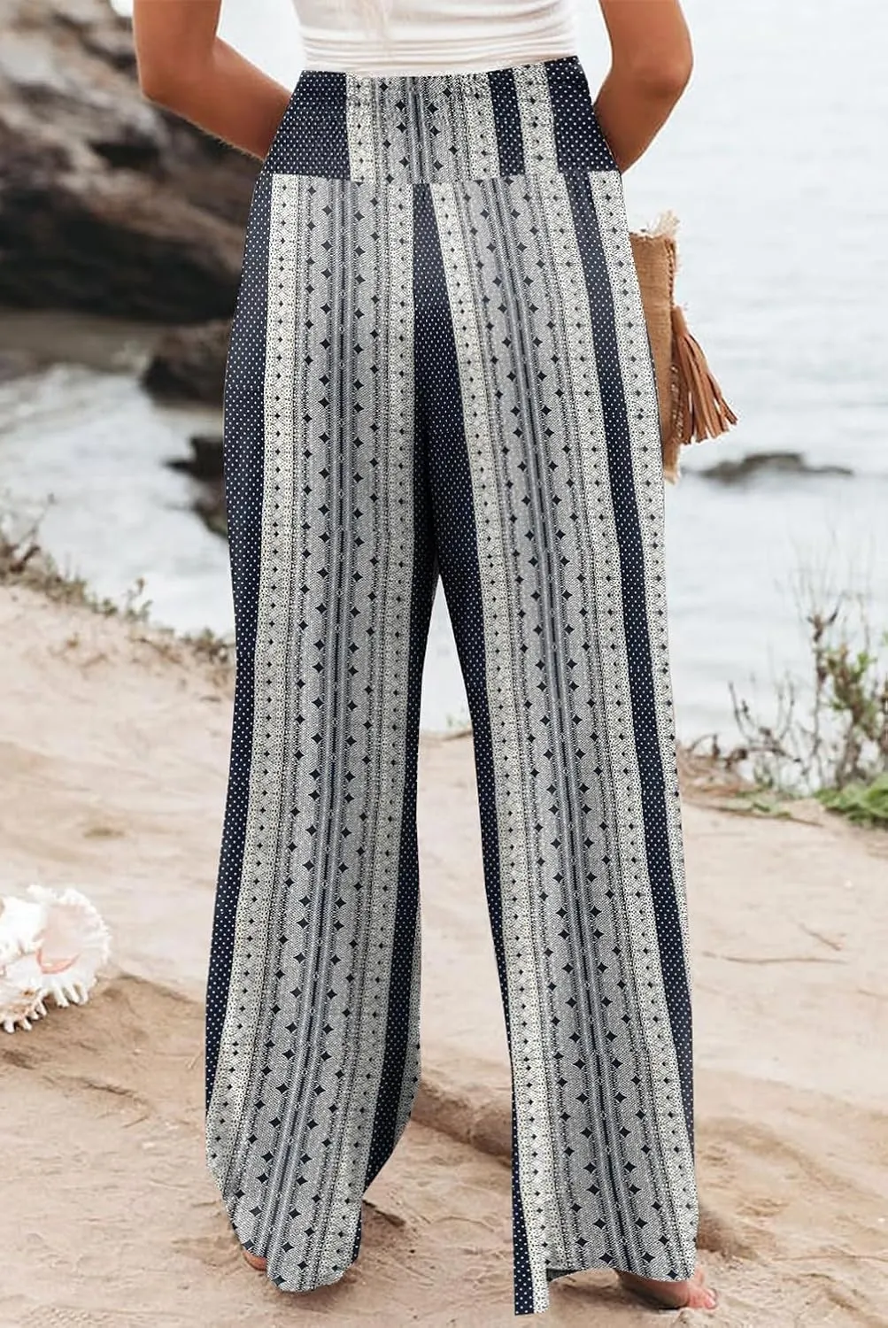 Womens Casual Loose Fit Palazzo Pants Elastic High Waist Lounge Long Pajama Wide Leg Trousers with Pocket