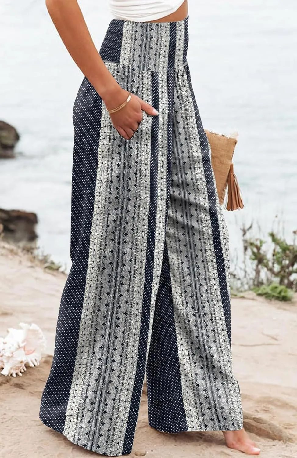 Womens Casual Loose Fit Palazzo Pants Elastic High Waist Lounge Long Pajama Wide Leg Trousers with Pocket