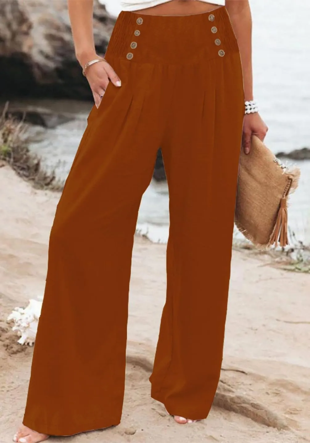 Womens Casual Loose Fit Palazzo Pants Elastic High Waist Lounge Long Pajama Wide Leg Trousers with Pocket