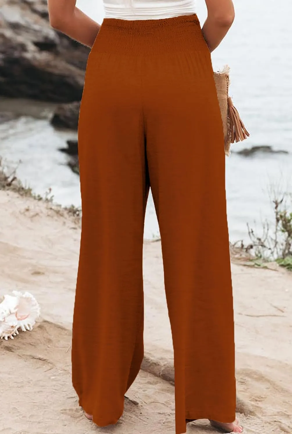 Womens Casual Loose Fit Palazzo Pants Elastic High Waist Lounge Long Pajama Wide Leg Trousers with Pocket