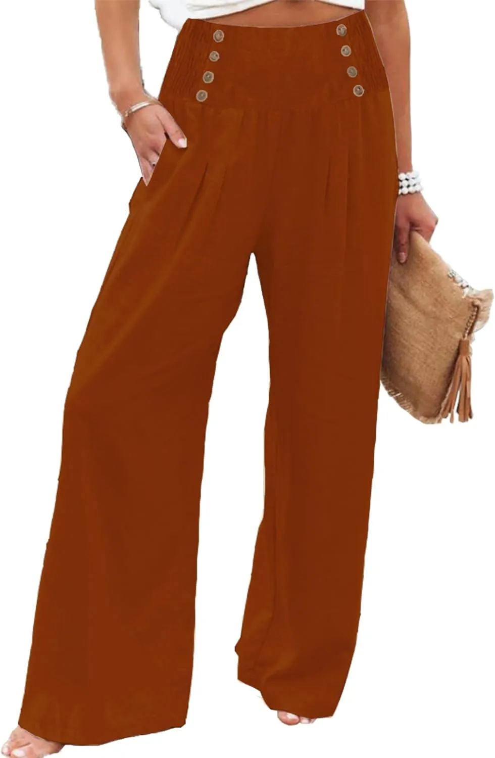 Womens Casual Loose Fit Palazzo Pants Elastic High Waist Lounge Long Pajama Wide Leg Trousers with Pocket