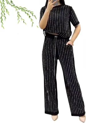 Women's Casual Solid Color Round Neck Hot Diamond Short Sleeve Two-Piece Suit Elegant Stripe 2 Piece Sets for Wome