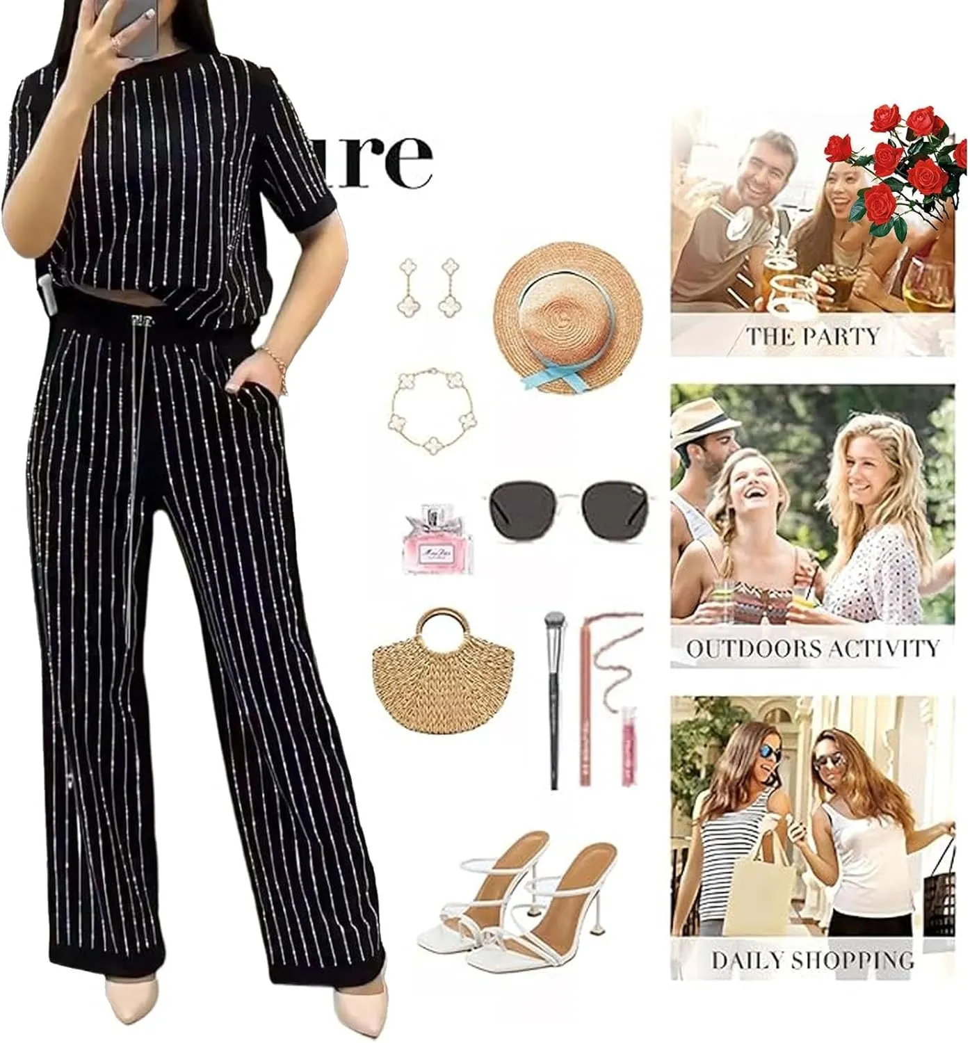 Women's Casual Solid Color Round Neck Hot Diamond Short Sleeve Two-Piece Suit Elegant Stripe 2 Piece Sets for Wome
