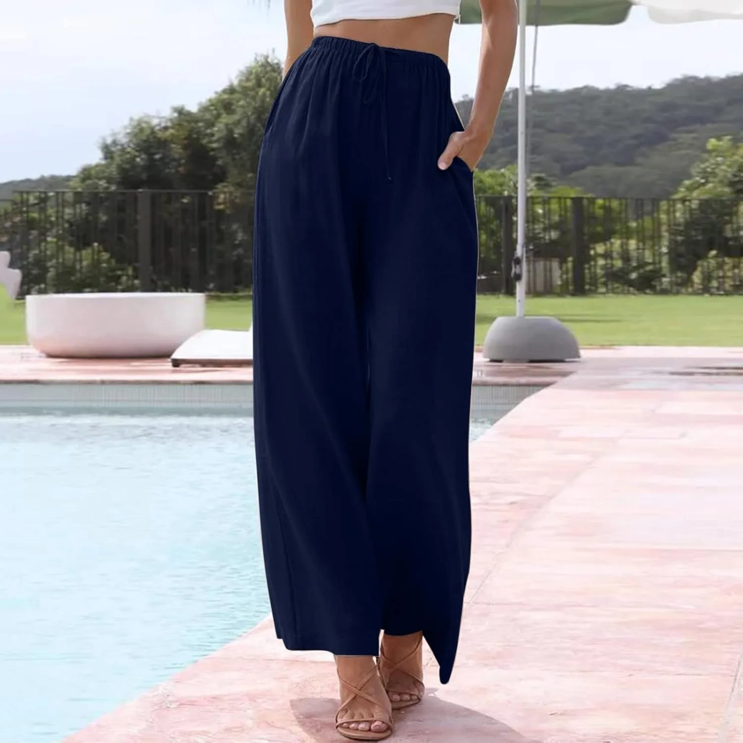 Women's Cotton Linen Pants Summer Palazzo Pant Flowy Wide Leg Beach Trousers with Pockets