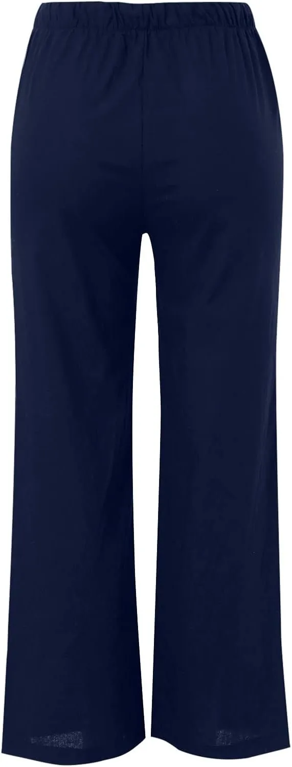 Women's Cotton Linen Pants Summer Palazzo Pant Flowy Wide Leg Beach Trousers with Pockets