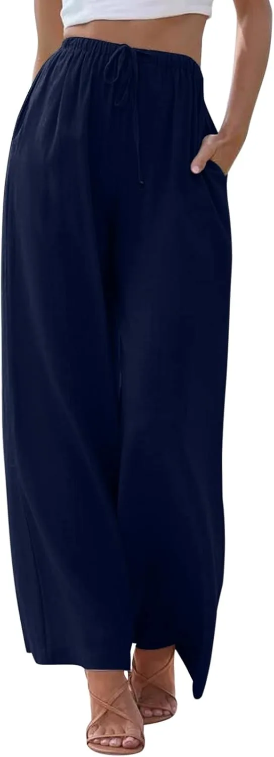 Women's Cotton Linen Pants Summer Palazzo Pant Flowy Wide Leg Beach Trousers with Pockets