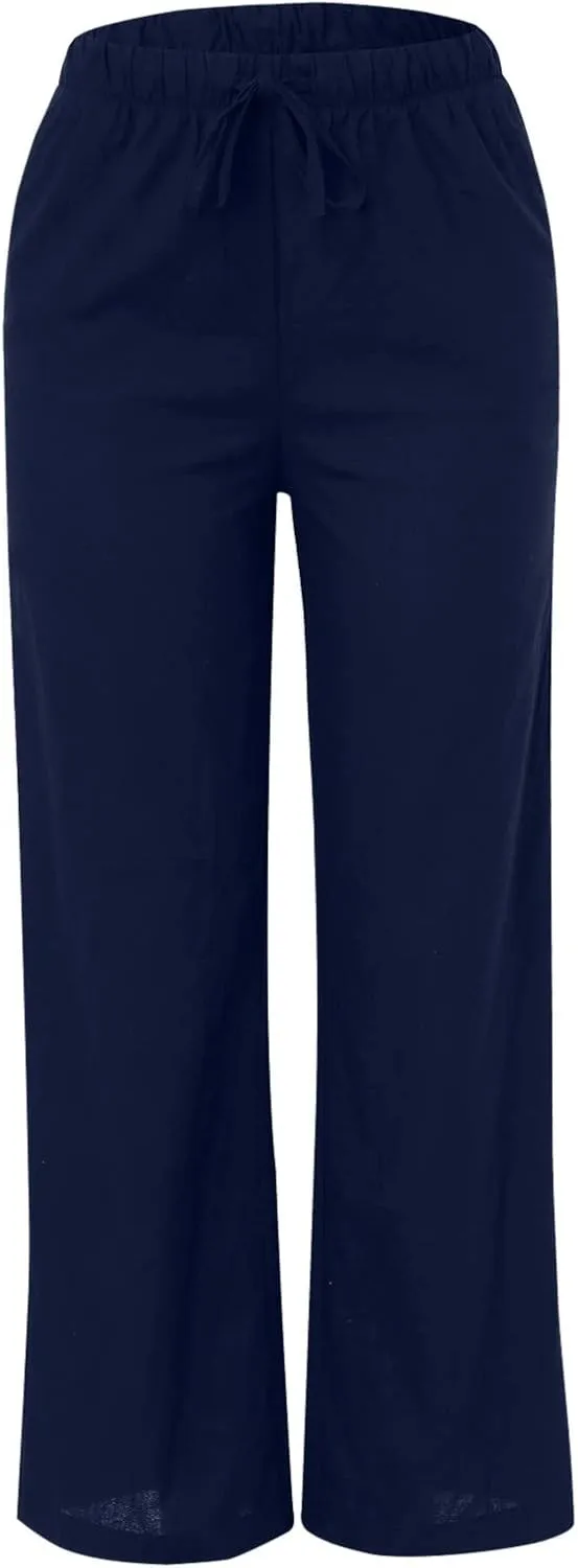 Women's Cotton Linen Pants Summer Palazzo Pant Flowy Wide Leg Beach Trousers with Pockets