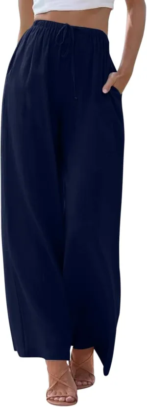 Women's Cotton Linen Pants Summer Palazzo Pant Flowy Wide Leg Beach Trousers with Pockets