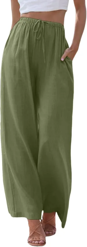 Womens Cotton Linen Pants Summer Palazzo Pants Drawstring Elastic Waist Wide Leg Trousers with Pockets