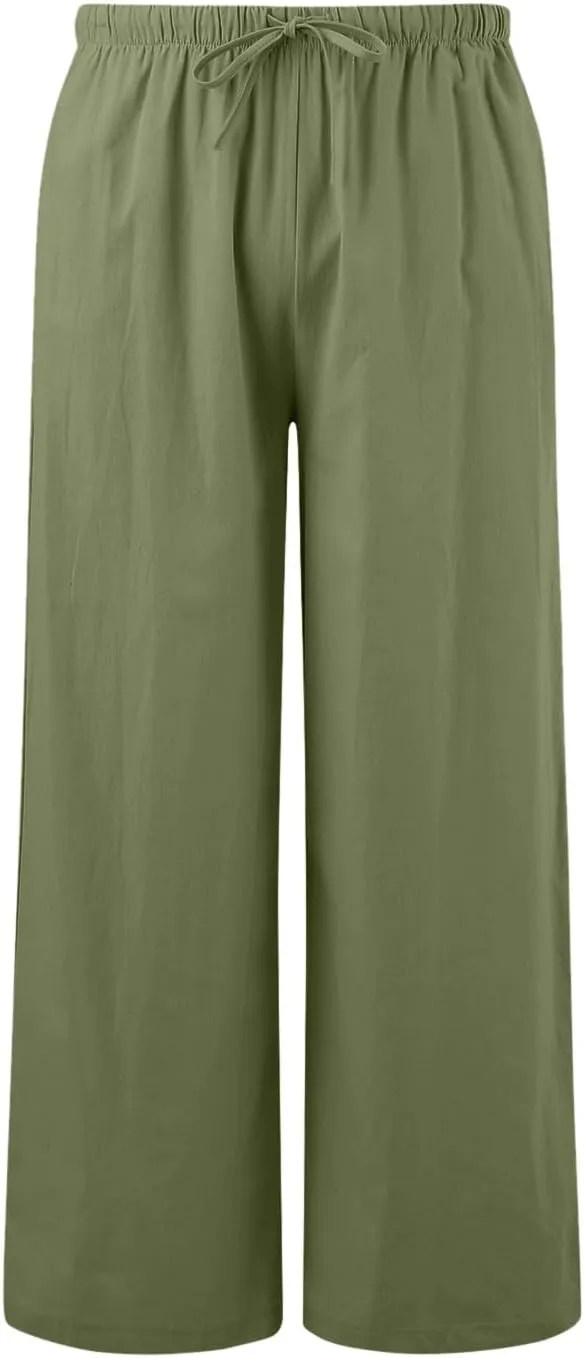 Womens Cotton Linen Pants Summer Palazzo Pants Drawstring Elastic Waist Wide Leg Trousers with Pockets