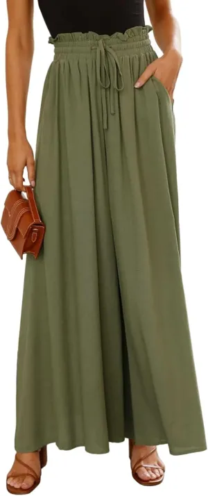 Womens Cotton Linen Wide Leg Pants Casual Elastic Belt High Waist Wide Leg Pants with Pockets Palazzo Lounge Pant