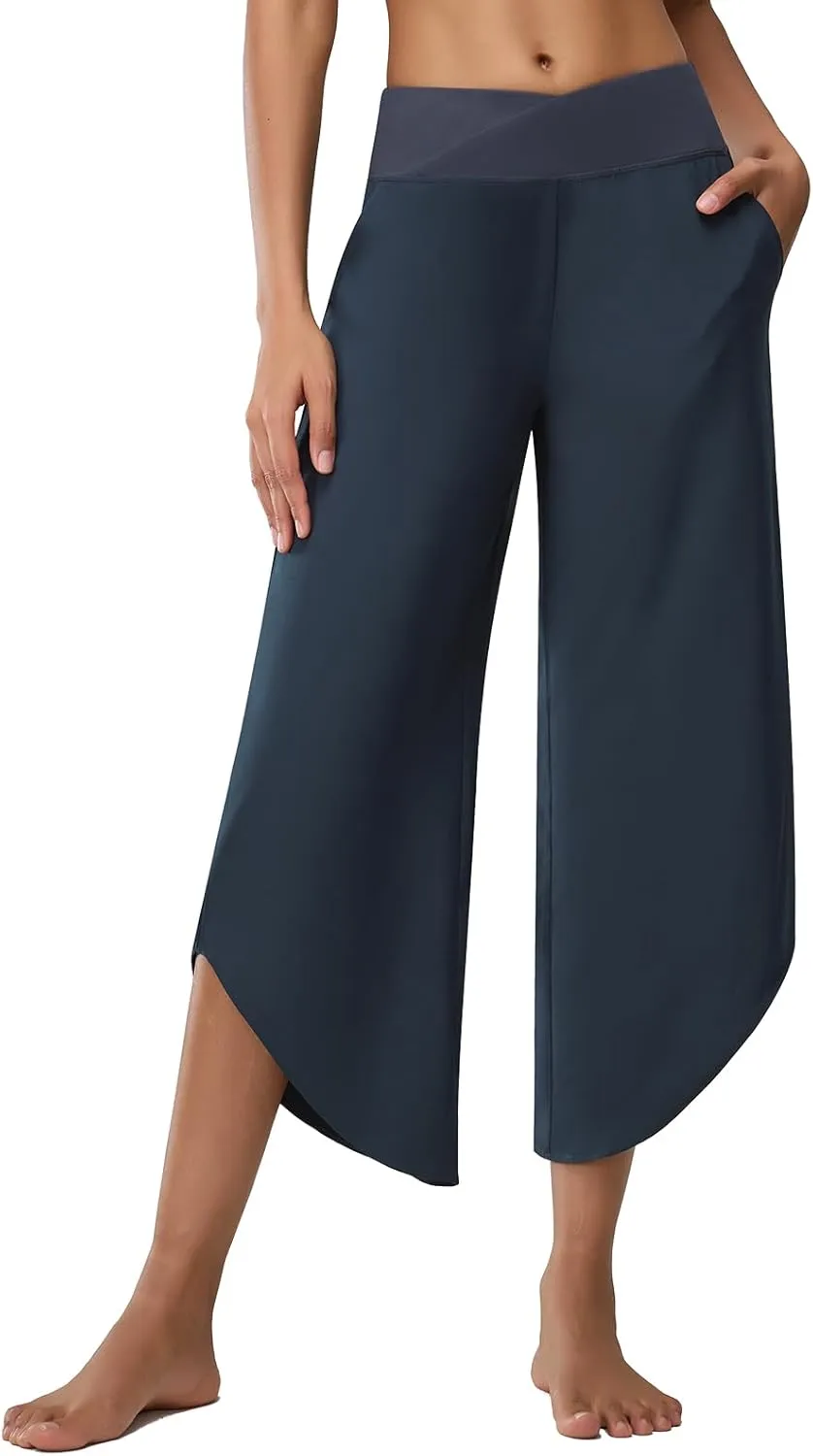 Women's Cross High Waist Wide Leg Cropped Pants Lightweight Dressy Casual Lounge Yoga Travel Trousers w Pockets