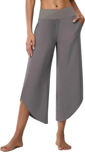Women's Cross High Waist Wide Leg Cropped Pants Lightweight Dressy Casual Lounge Yoga Travel Trousers w Pockets