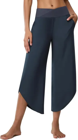 Women's Cross High Waist Wide Leg Cropped Pants Lightweight Dressy Casual Lounge Yoga Travel Trousers w Pockets