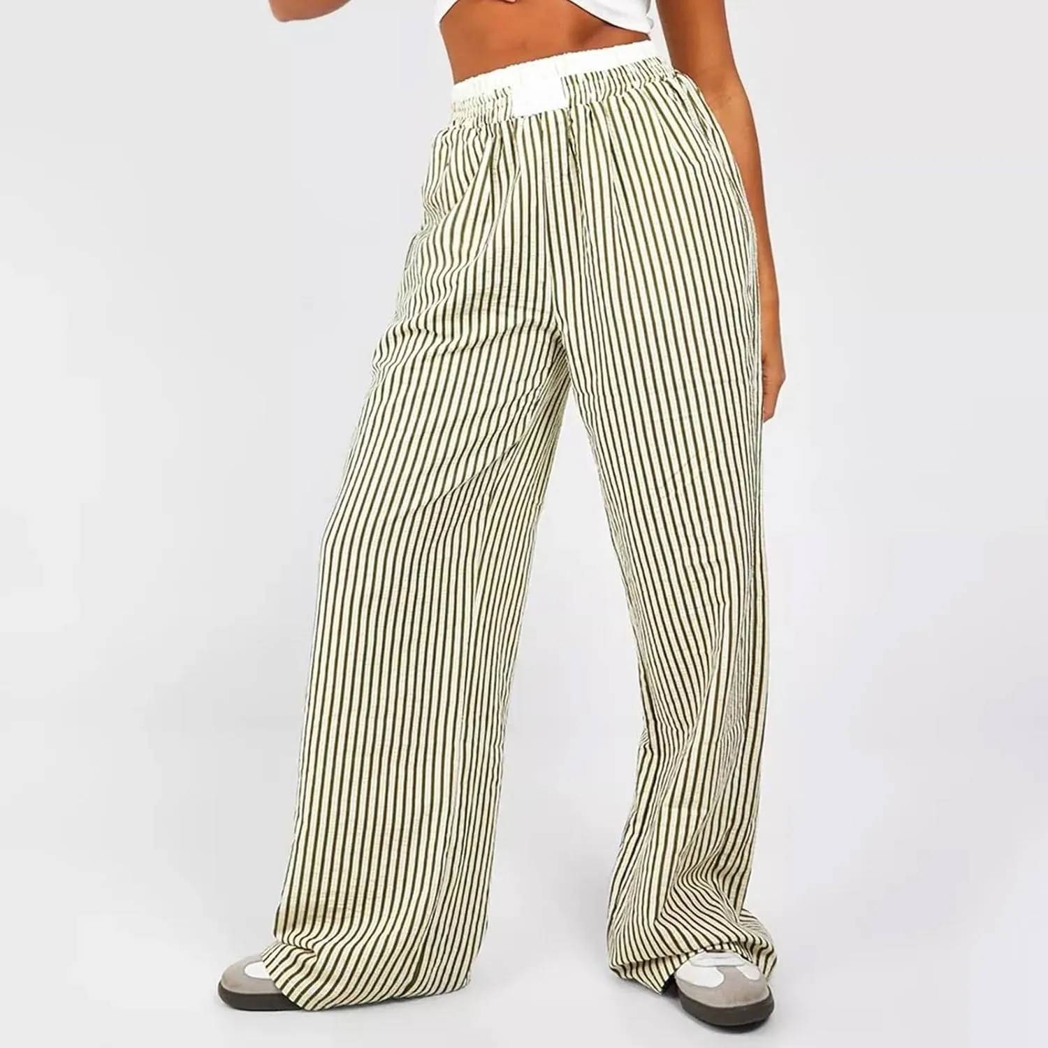 Women's Fashion High Waist Stripe Pants Y2K Patched Elastic Waist Straight Wide Leg Trousers E-girls Pj Bottoms