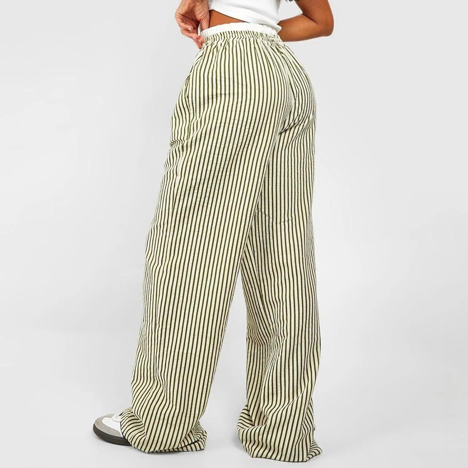 Women's Fashion High Waist Stripe Pants Y2K Patched Elastic Waist Straight Wide Leg Trousers E-girls Pj Bottoms