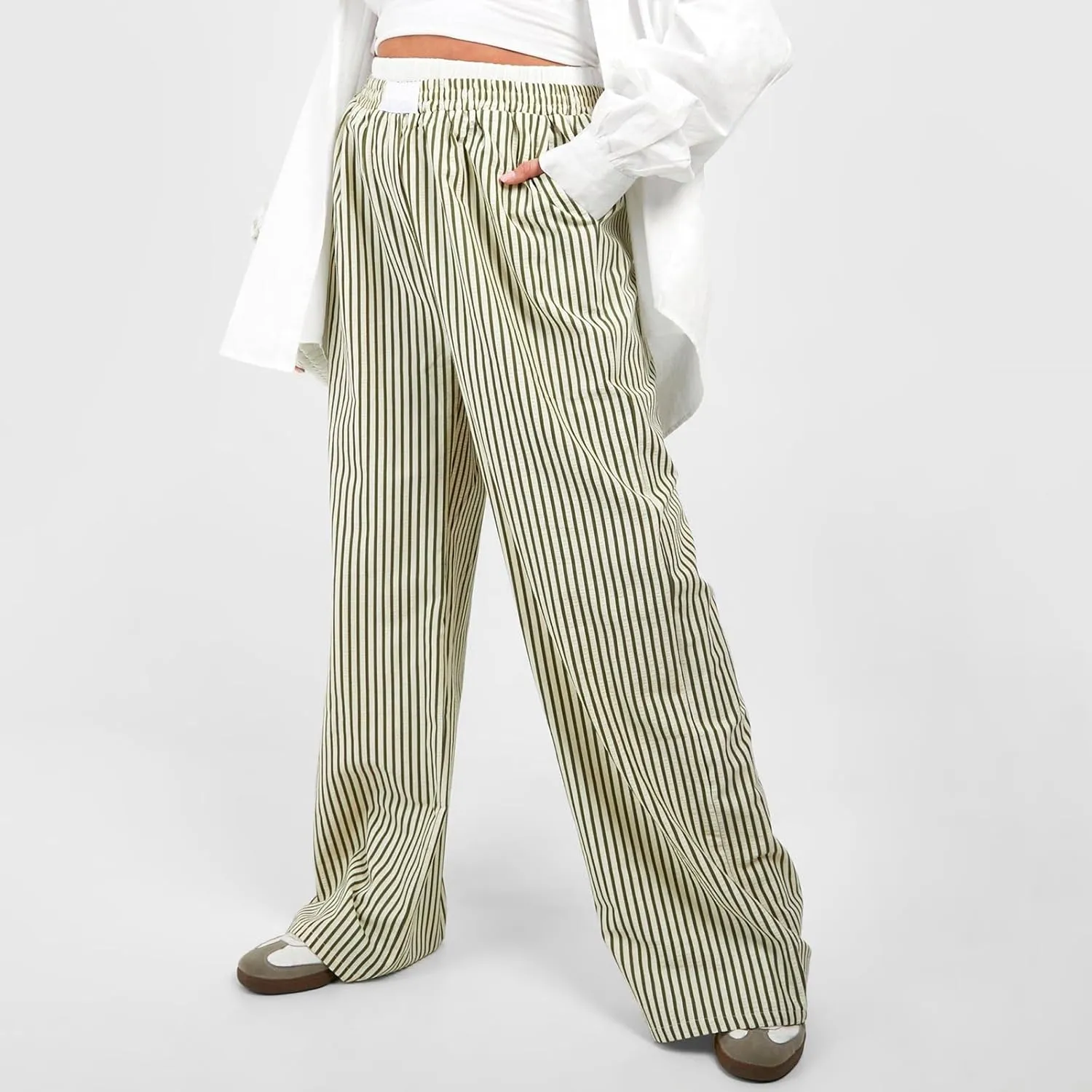 Women's Fashion High Waist Stripe Pants Y2K Patched Elastic Waist Straight Wide Leg Trousers E-girls Pj Bottoms