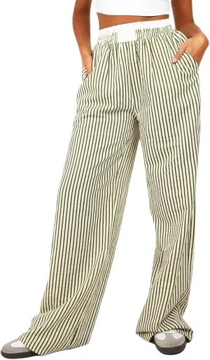 Women's Fashion High Waist Stripe Pants Y2K Patched Elastic Waist Straight Wide Leg Trousers E-girls Pj Bottoms