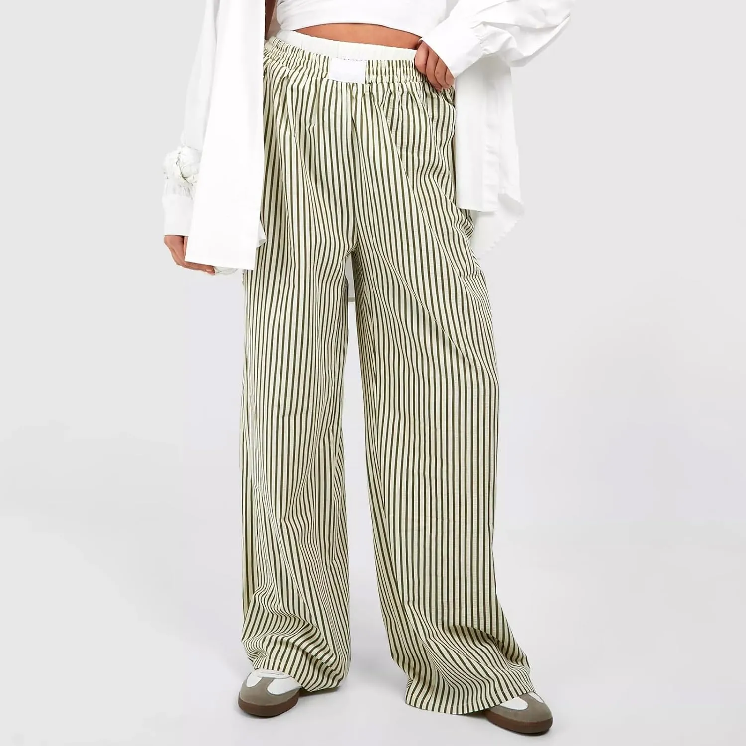 Women's Fashion High Waist Stripe Pants Y2K Patched Elastic Waist Straight Wide Leg Trousers E-girls Pj Bottoms
